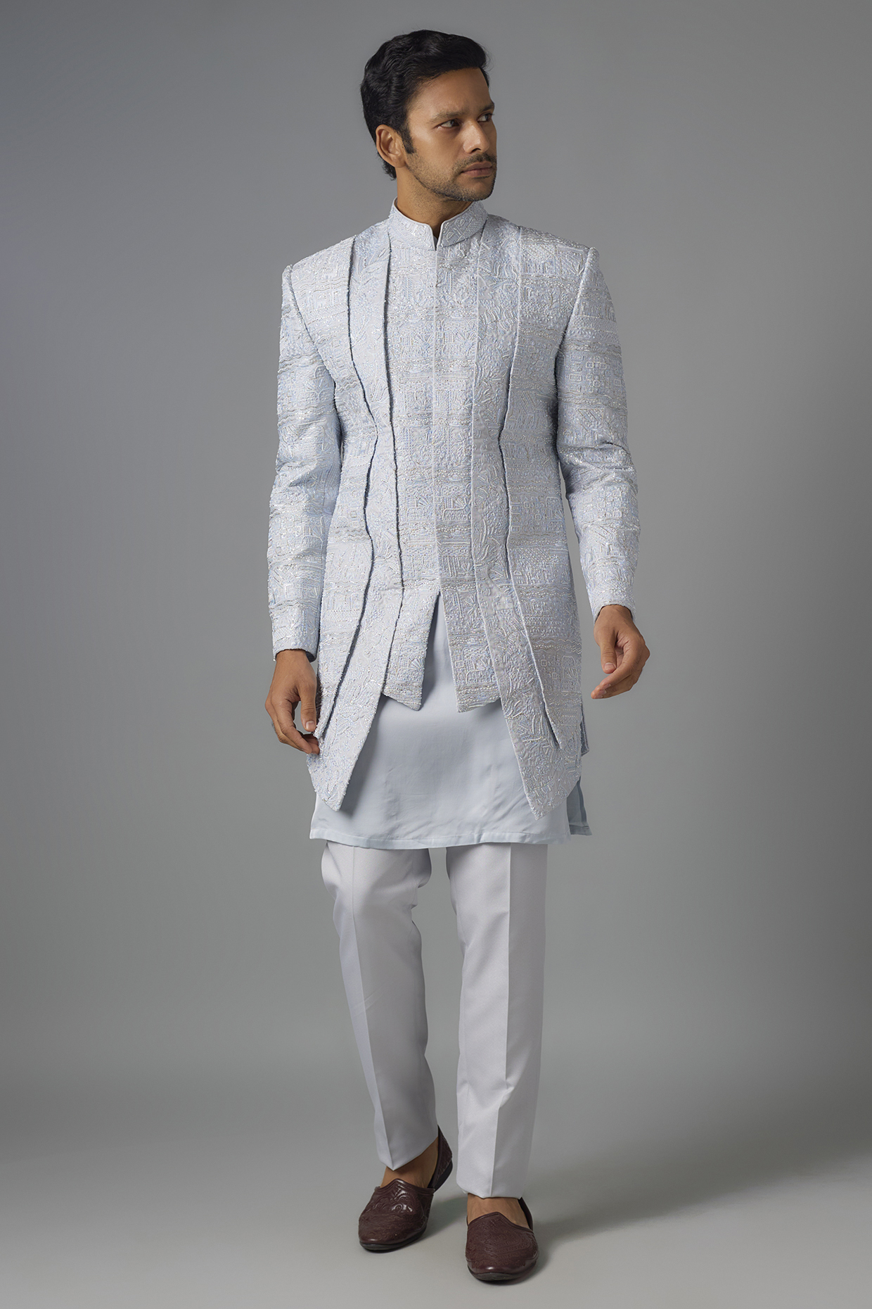 Sky Blue Silk Zari & Thread Embroidered Nehru Jacket Set by Jayesh and Kaajal Shah at Pernia's Pop Up Shop