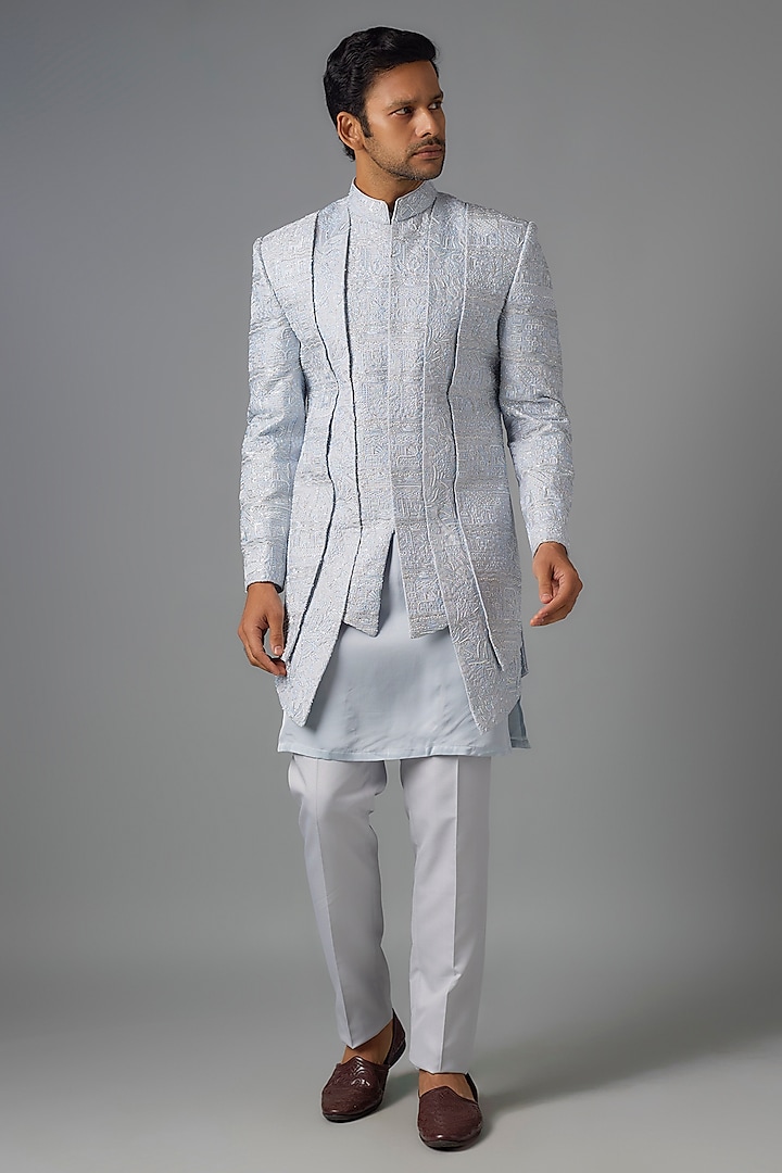 Sky Blue Silk Zari & Thread Embroidered Nehru Jacket Set by Jayesh and Kaajal Shah at Pernia's Pop Up Shop