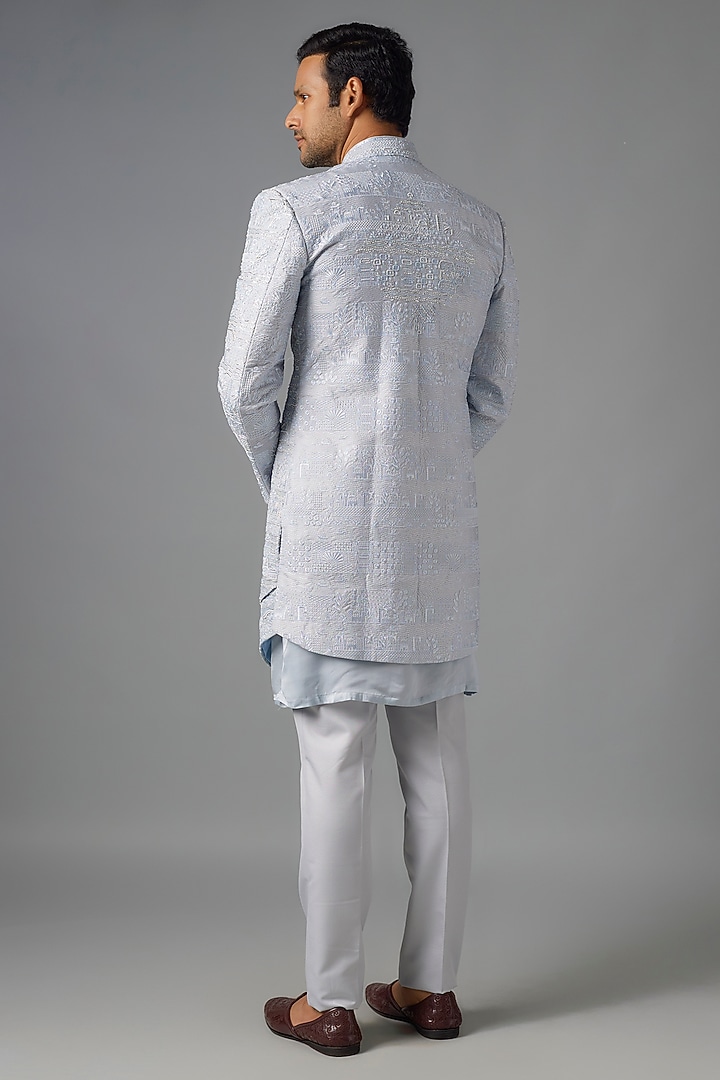 Sky Blue Silk Zari & Thread Embroidered Nehru Jacket Set by Jayesh and Kaajal Shah Men at Pernia's Pop Up Shop
