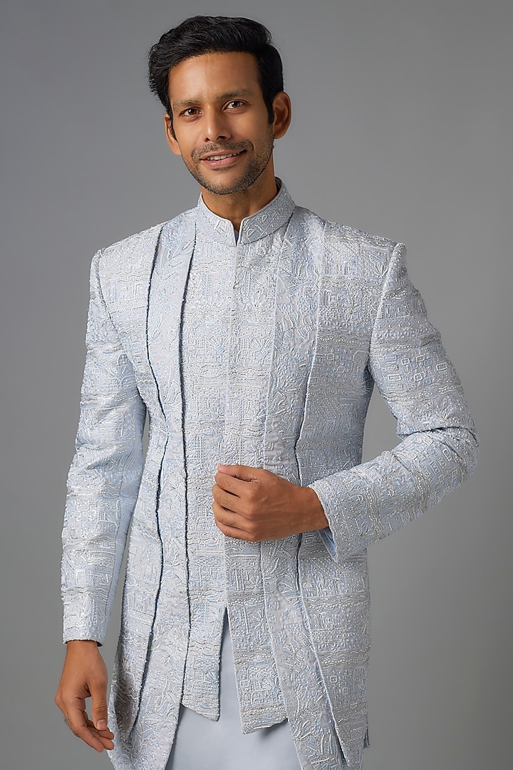 Sky Blue Silk Zari & Thread Embroidered Nehru Jacket Set by Jayesh and Kaajal Shah Men at Pernia's Pop Up Shop