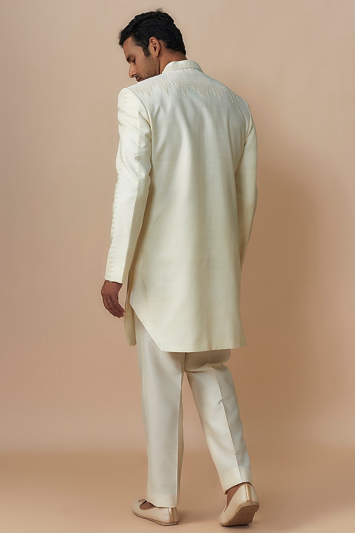 Cream Raw Silk Thread Embroidered Indo-Western Set by Jayesh and Kaajal Shah Men at Pernia's Pop Up Shop
