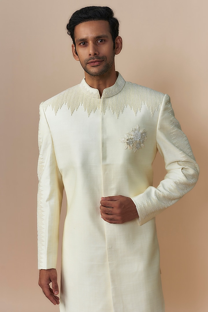 Cream Raw Silk Thread Embroidered Indo-Western Set by Jayesh and Kaajal Shah Men at Pernia's Pop Up Shop