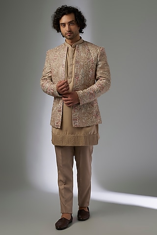 Beige Polyester Indo-Western Set by Jayesh and Kaajal Shah Men