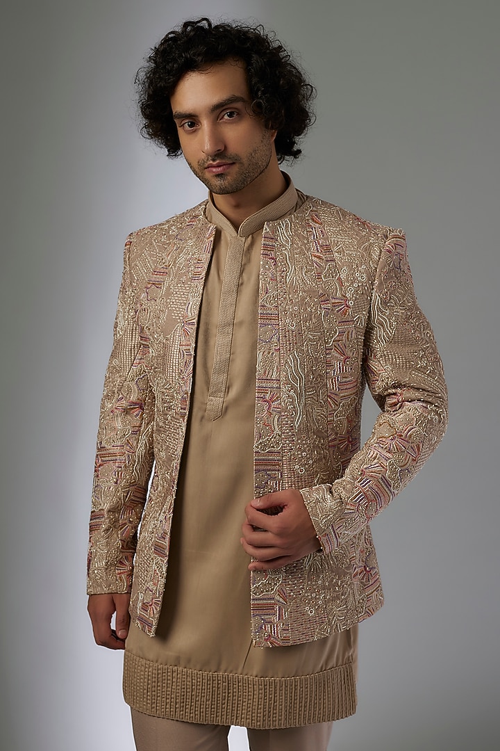 Beige Polyester Indo-Western Set by Jayesh and Kaajal Shah Men at Pernia's Pop Up Shop