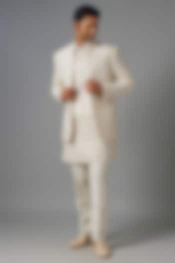 Slate Grey Silk Sequins & Bead Embroidered Indowestern Set by Jayesh and Kaajal Shah Men at Pernia's Pop Up Shop