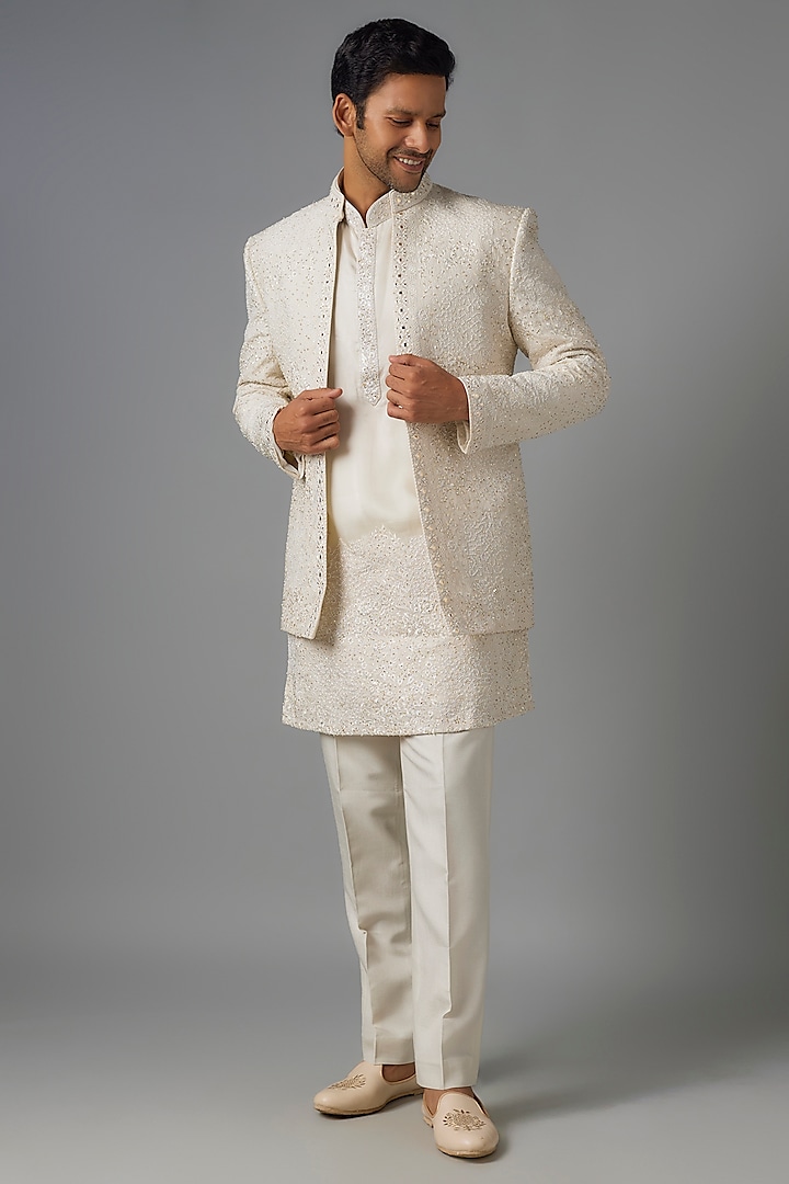 Slate Grey Silk Sequins & Bead Embroidered Indowestern Set by Jayesh and Kaajal Shah Men at Pernia's Pop Up Shop