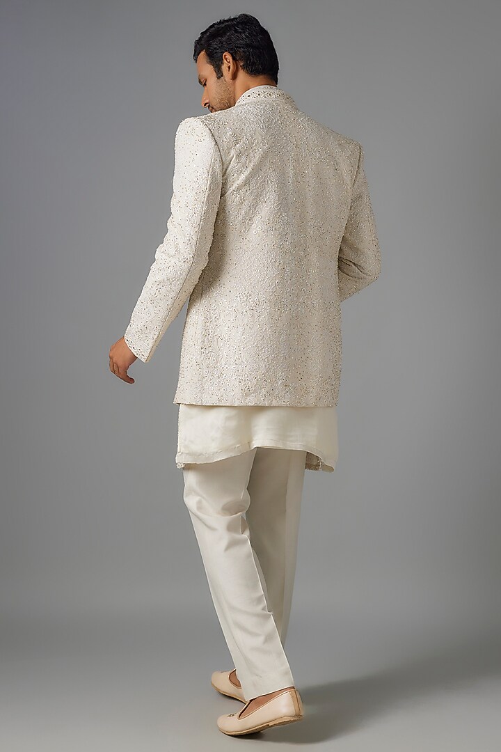 Slate Grey Silk Sequins & Bead Embroidered Indowestern Set by Jayesh and Kaajal Shah Men at Pernia's Pop Up Shop