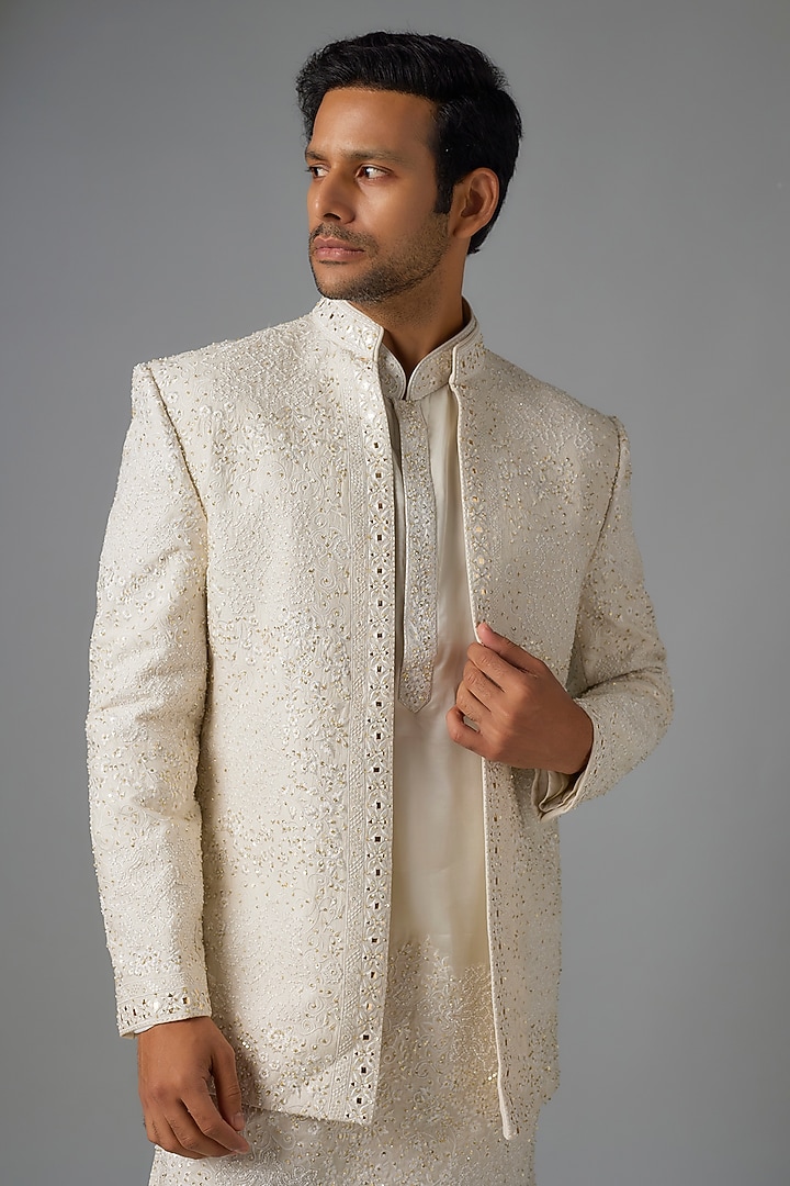 Slate Grey Silk Sequins & Bead Embroidered Indowestern Set by Jayesh and Kaajal Shah Men at Pernia's Pop Up Shop