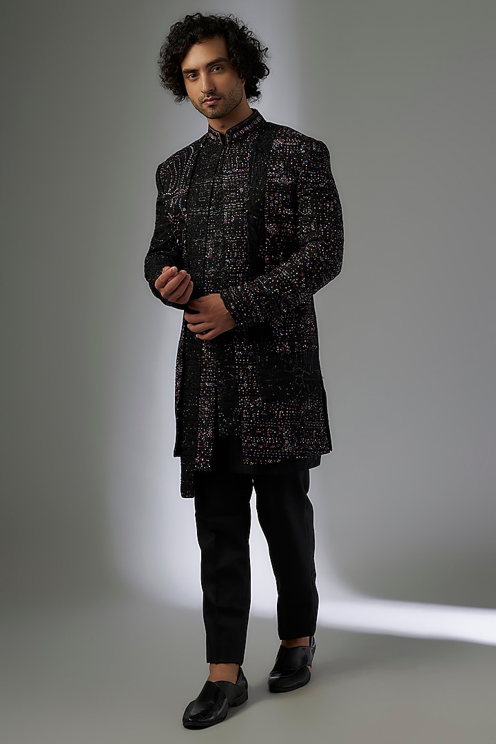 Black Polyester Indo-Western Set by Jayesh and Kaajal Shah at Pernia's Pop Up Shop