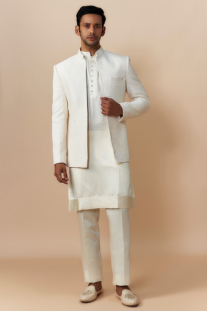 Ivory Raw Silk Thread Embroidered Indo-Western Set by Jayesh and Kaajal Shah