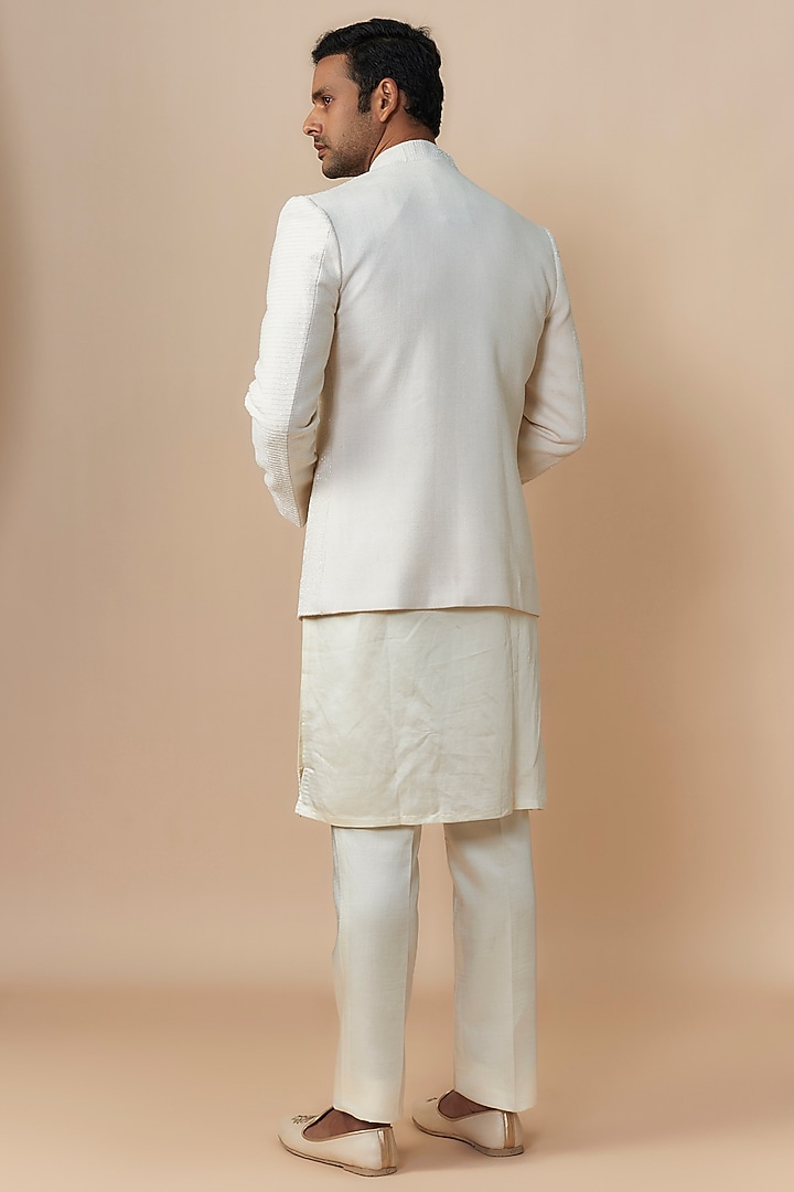 Ivory Raw Silk Thread Embroidered Indo-Western Set by Jayesh and Kaajal Shah Men at Pernia's Pop Up Shop