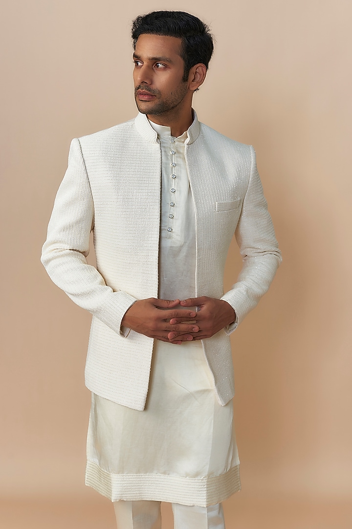 Ivory Raw Silk Thread Embroidered Indo-Western Set by Jayesh and Kaajal Shah Men at Pernia's Pop Up Shop