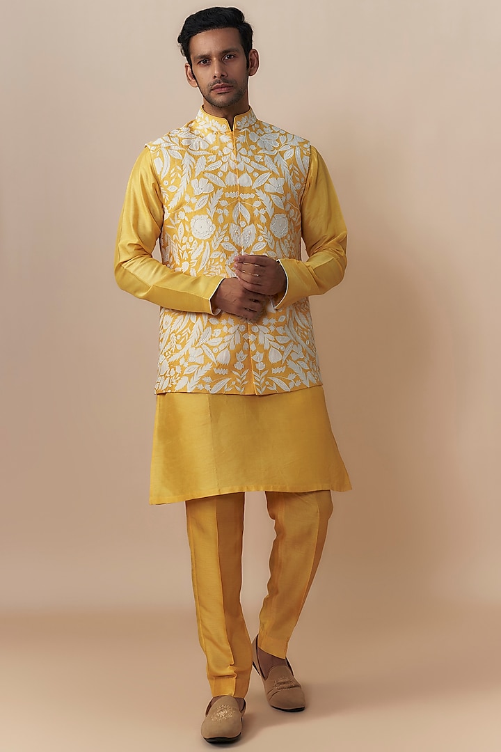 Yellow Raw Silk Patchwork Embroidered Nehru Jacket Set by Jayesh and Kaajal Shah