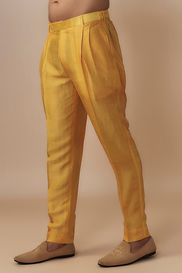 Yellow Raw Silk Patchwork Embroidered Nehru Jacket Set by Jayesh and Kaajal Shah Men at Pernia's Pop Up Shop