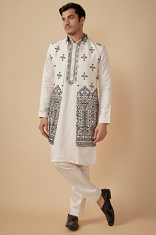 White Silk Blend Hand Embroidered Indowestern Set by Jayesh and Kaajal Shah Men