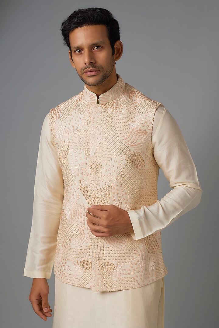 Peach Silk Thread Embroidered Nehru Jacket Set by Jayesh and Kaajal Shah Men at Pernia's Pop Up Shop