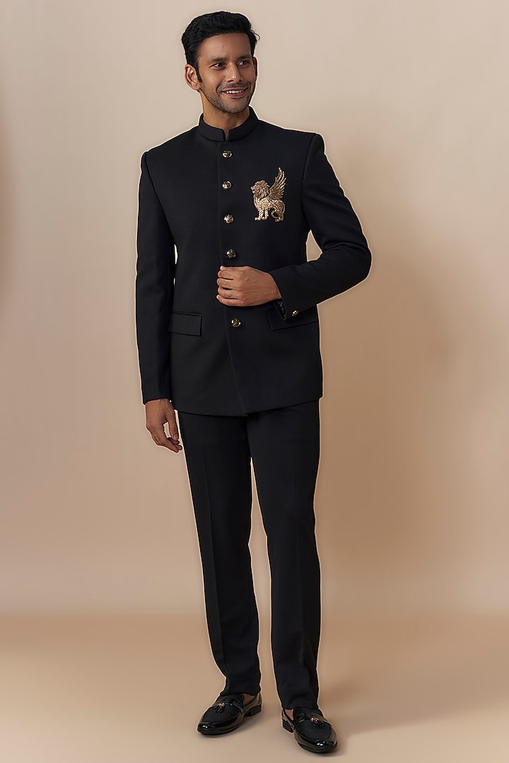 Black Silk Zardosi Embroidered Wedding Bandhgala Set by Jayesh and Kaajal Shah Men at Pernia's Pop Up Shop