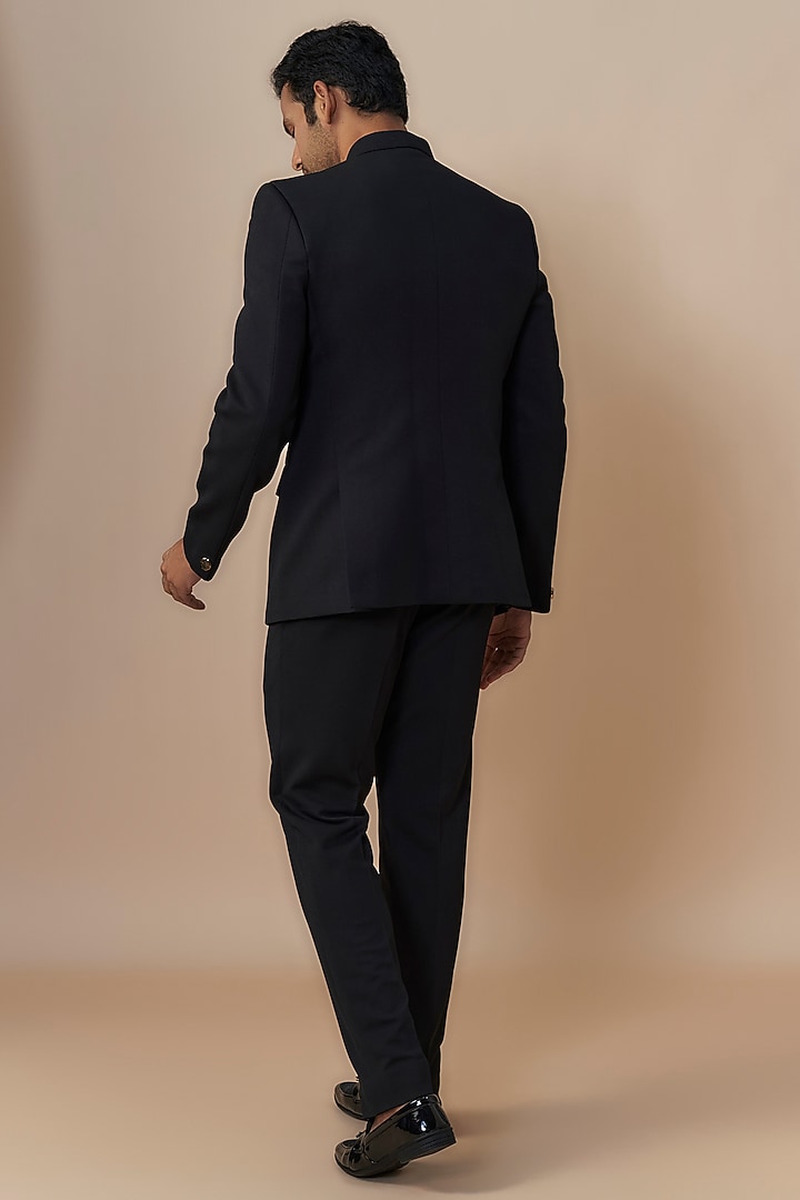 Black Silk Zardosi Embroidered Wedding Bandhgala Set by Jayesh and Kaajal Shah Men at Pernia's Pop Up Shop
