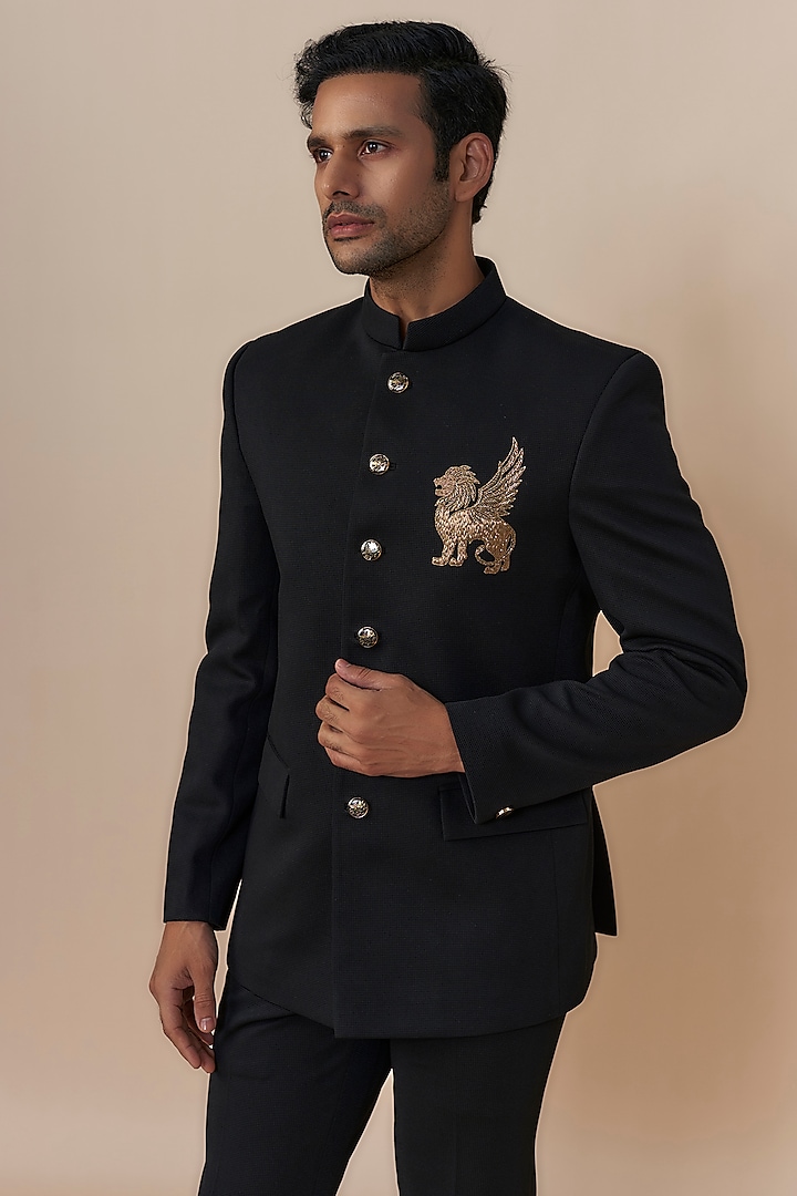 Black Silk Zardosi Embroidered Wedding Bandhgala Set by Jayesh and Kaajal Shah Men at Pernia's Pop Up Shop