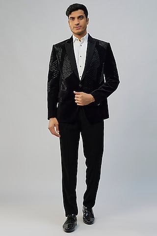 Black Velvet Embroidered Suit Set by Jayesh and Kaajal Shah Men