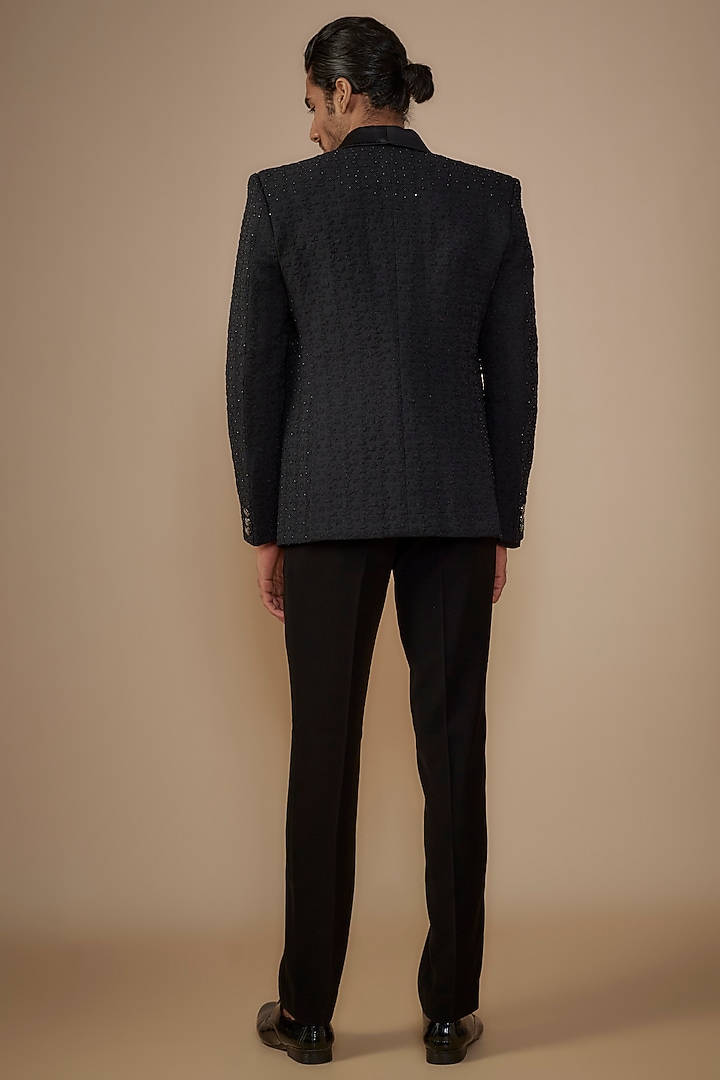 Black Polyester Thread Embroidered Blazer Set by Jayesh and Kaajal Shah Men at Pernia's Pop Up Shop