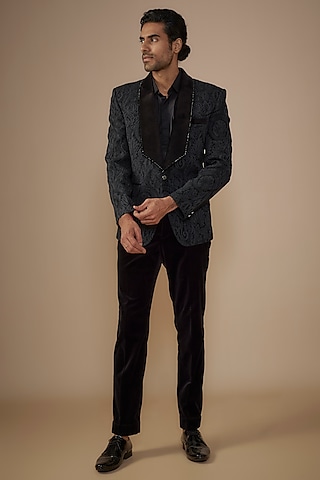 Grey Polyester Blazer Set by Jayesh and Kaajal Shah Men