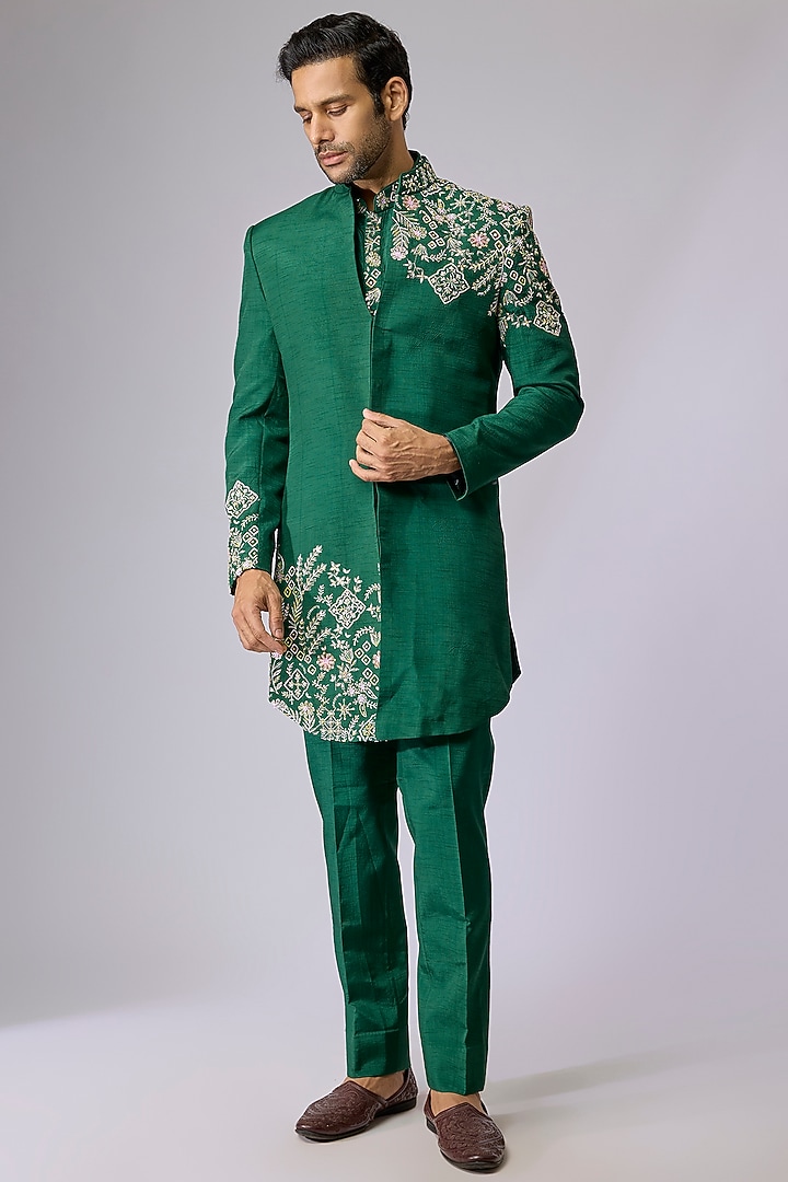 Green Silk Indo-Western Set by Jayesh and Kaajal Shah Men at Pernia's Pop Up Shop