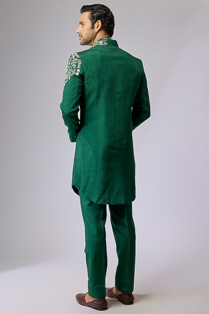 Green Silk Indo-Western Set by Jayesh and Kaajal Shah Men at Pernia's Pop Up Shop