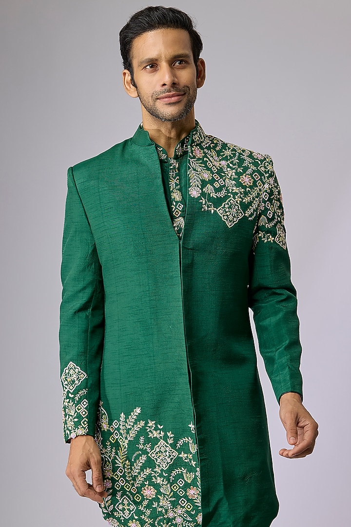 Green Silk Indo-Western Set by Jayesh and Kaajal Shah Men at Pernia's Pop Up Shop