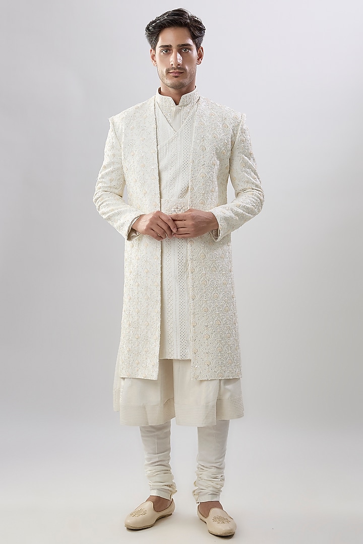 Ivory Silk Groom Sherwani Set by Jayesh and Kaajal Shah Men at Pernia's Pop Up Shop