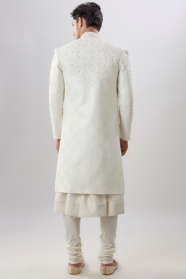 Ivory Silk Groom Sherwani Set by Jayesh and Kaajal Shah Men at Pernia's Pop Up Shop