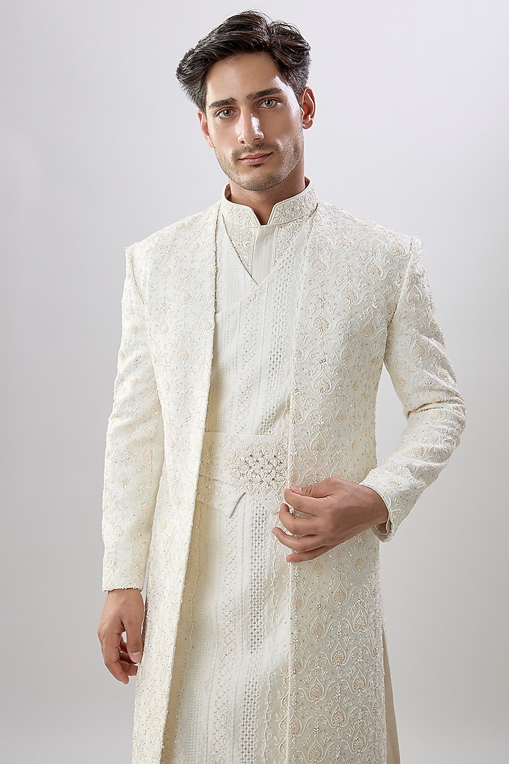 Ivory Silk Groom Sherwani Set by Jayesh and Kaajal Shah Men at Pernia's Pop Up Shop