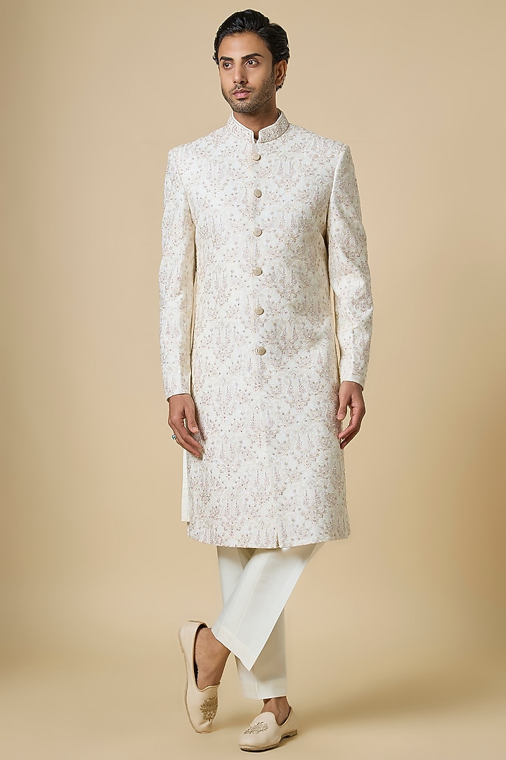 Cream Silk Embroidered Groom Sherwani Set by Jayesh and Kaajal Shah Men at Pernia's Pop Up Shop
