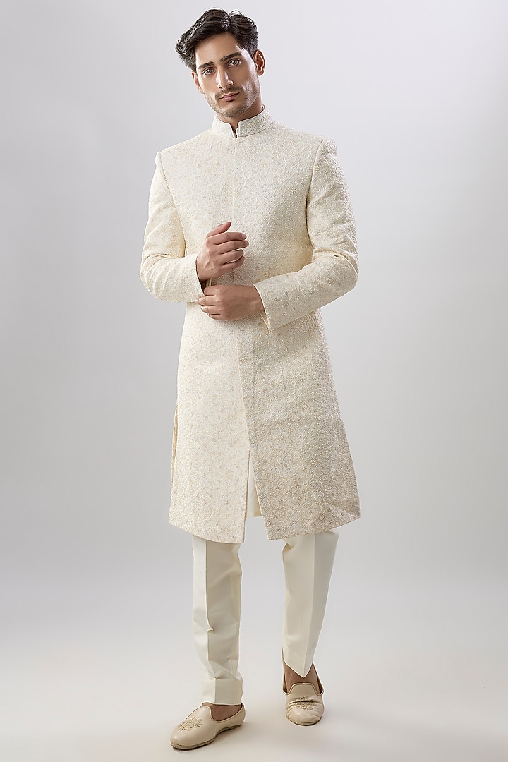 Cream Silk Sherwani Set by Jayesh and Kaajal Shah Men at Pernia's Pop Up Shop