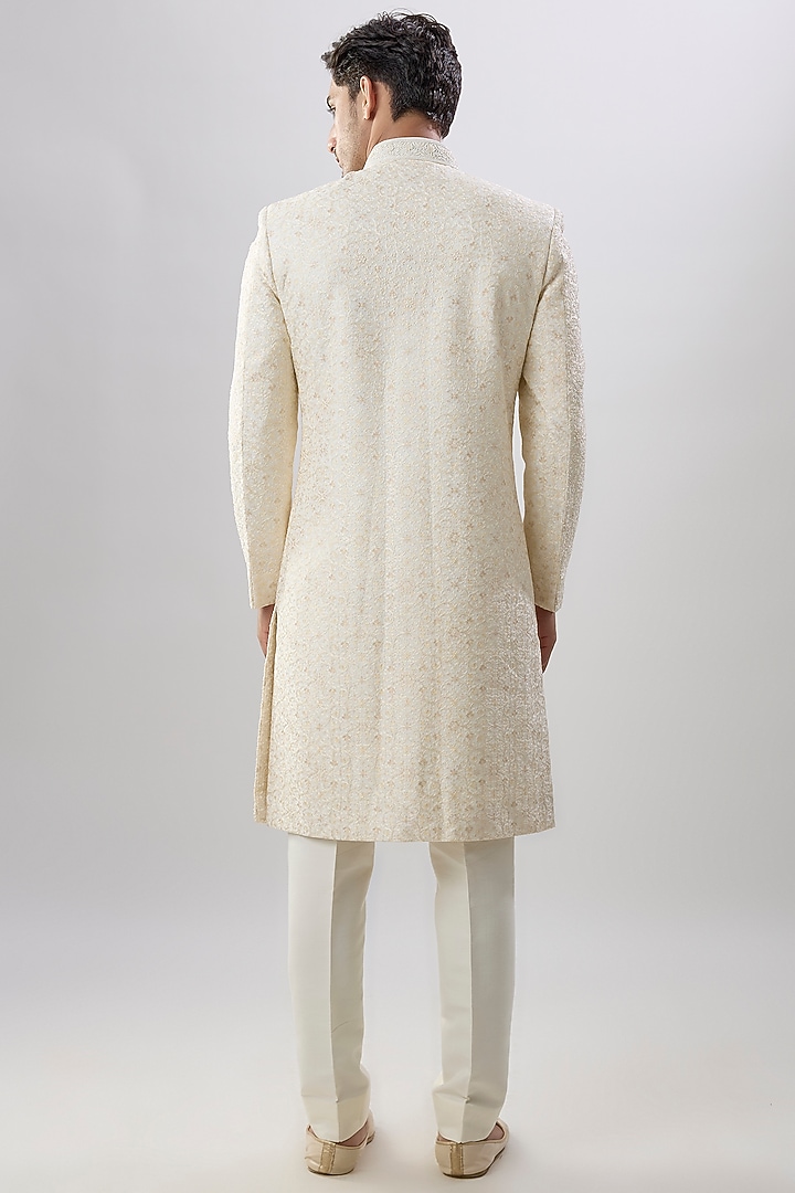 Cream Silk Sherwani Set by Jayesh and Kaajal Shah Men at Pernia's Pop Up Shop