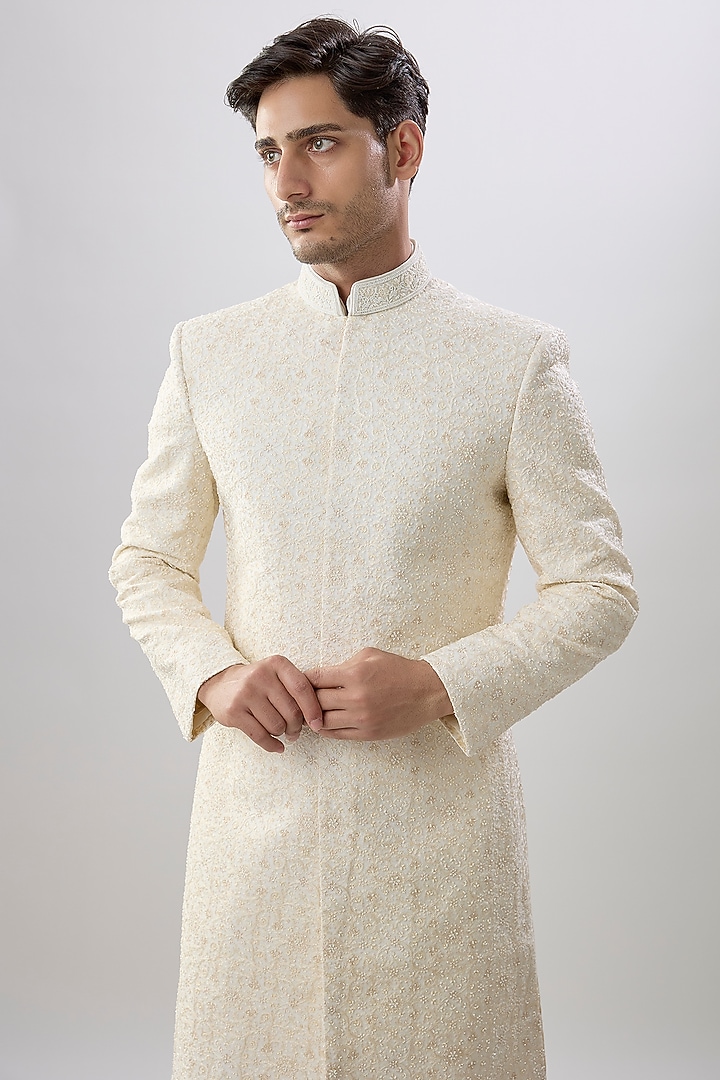 Cream Silk Sherwani Set by Jayesh and Kaajal Shah Men at Pernia's Pop Up Shop