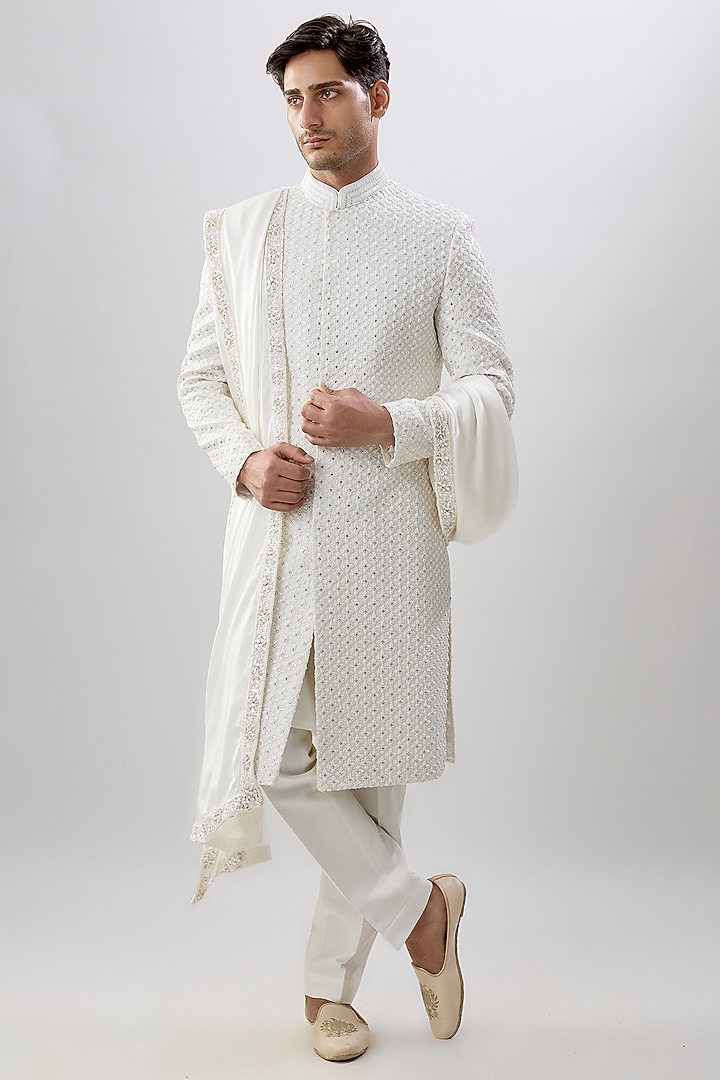 Ivory Silk Groom Sherwani Set by Jayesh and Kaajal Shah Men at Pernia's Pop Up Shop