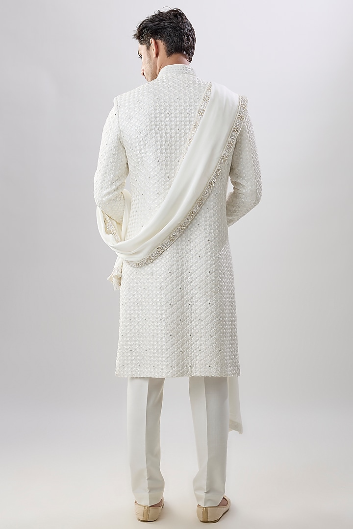 Ivory Silk Groom Sherwani Set by Jayesh and Kaajal Shah Men at Pernia's Pop Up Shop