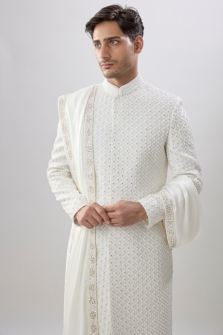Ivory Silk Groom Sherwani Set by Jayesh and Kaajal Shah Men at Pernia's Pop Up Shop