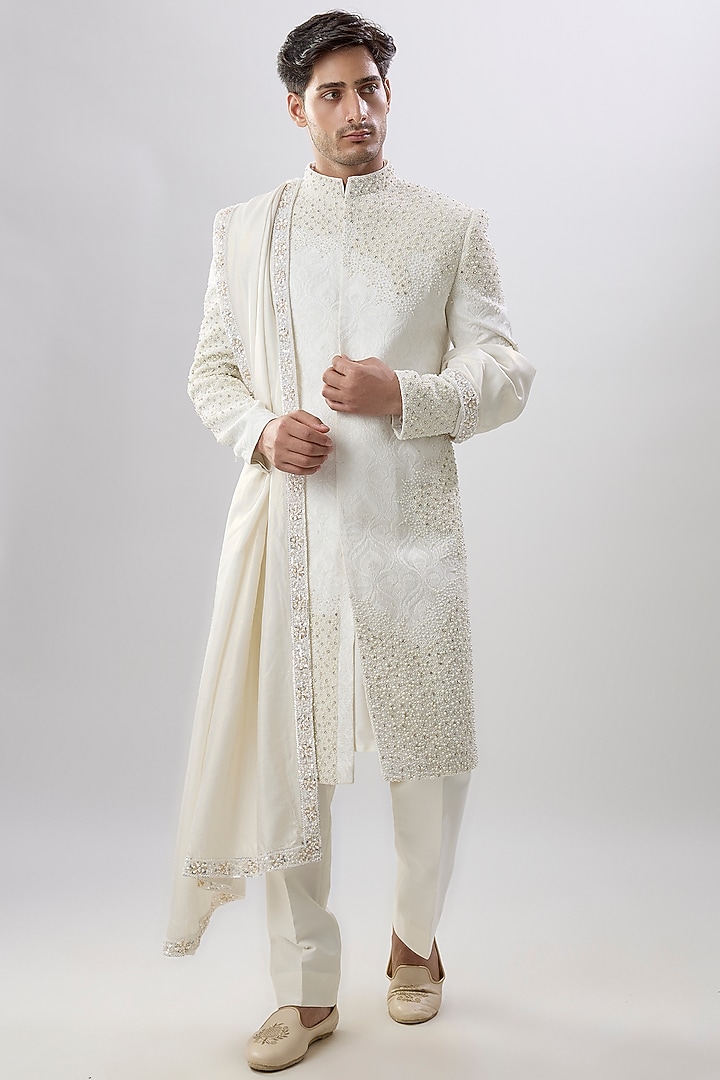 Ivory Silk Groom Sherwani Set by Jayesh and Kaajal Shah Men at Pernia's Pop Up Shop