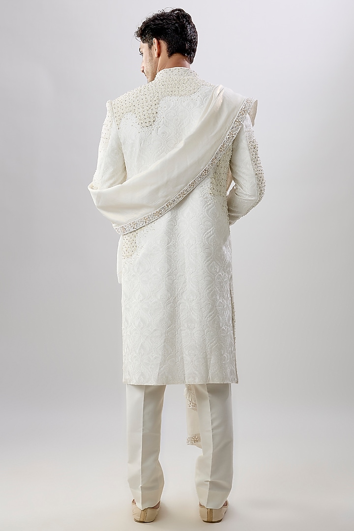 Ivory Silk Groom Sherwani Set by Jayesh and Kaajal Shah Men at Pernia's Pop Up Shop