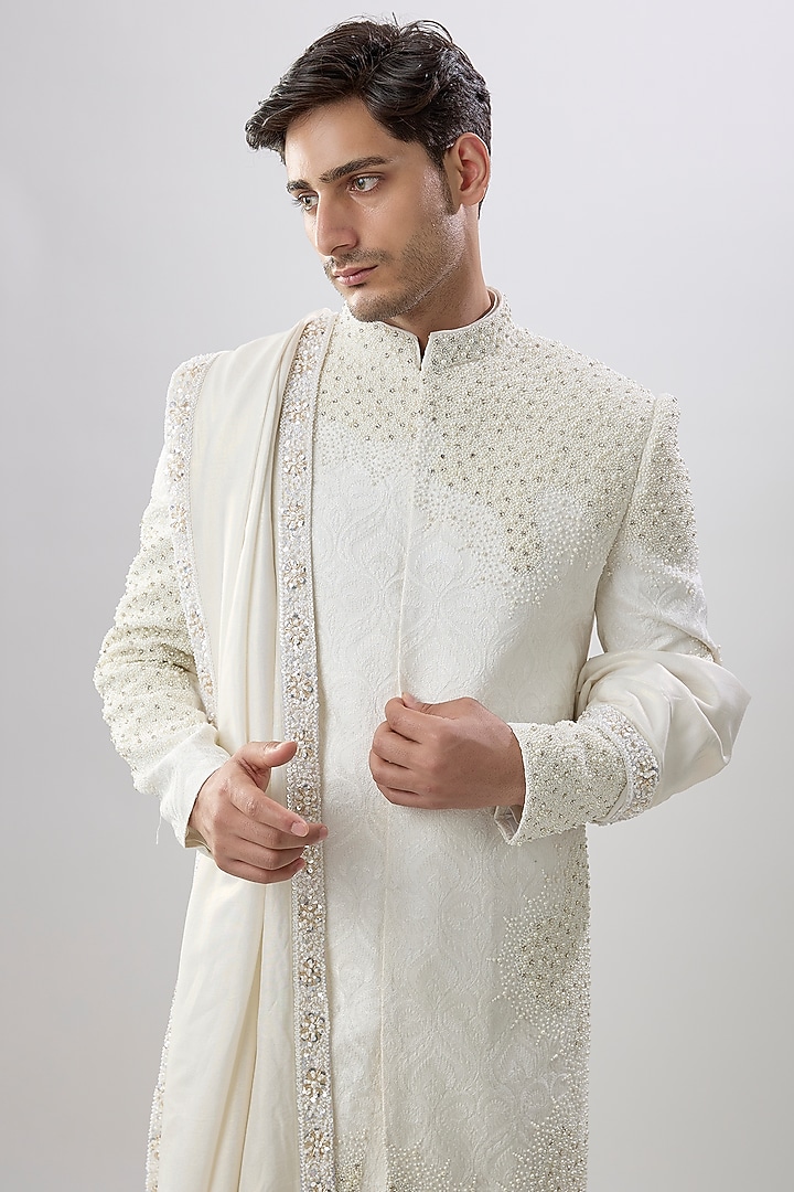 Ivory Silk Groom Sherwani Set by Jayesh and Kaajal Shah Men at Pernia's Pop Up Shop