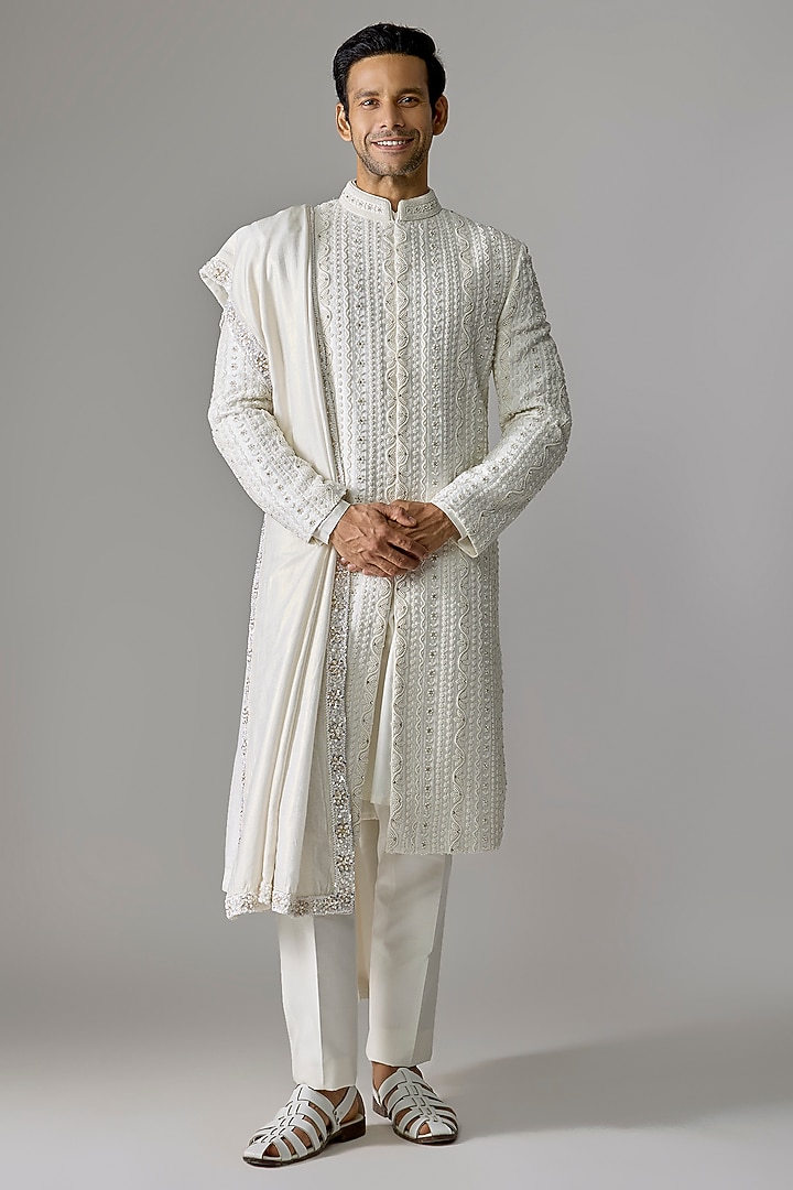Ivory Silk Groom Sherwani Set by Jayesh and Kaajal Shah Men at Pernia's Pop Up Shop