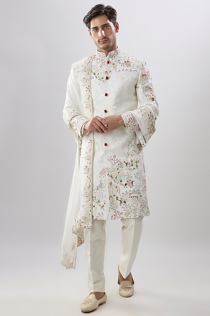 Ivory Silk Groom Sherwani Set by Jayesh and Kaajal Shah Men at Pernia's Pop Up Shop