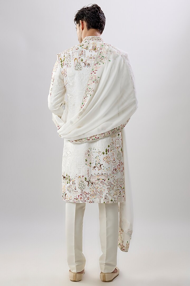 Ivory Silk Groom Sherwani Set by Jayesh and Kaajal Shah Men at Pernia's Pop Up Shop