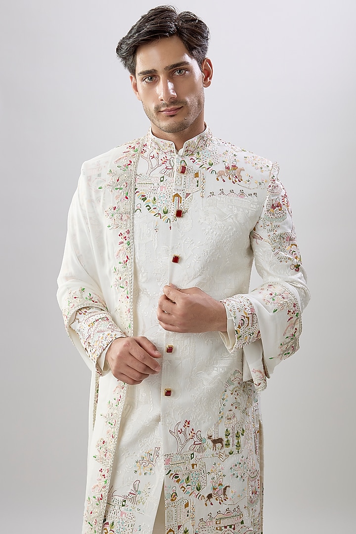 Ivory Silk Groom Sherwani Set by Jayesh and Kaajal Shah Men at Pernia's Pop Up Shop