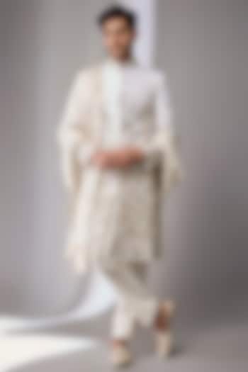 Ivory Silk Groom Sherwani Set by Jayesh and Kaajal Shah Men at Pernia's Pop Up Shop