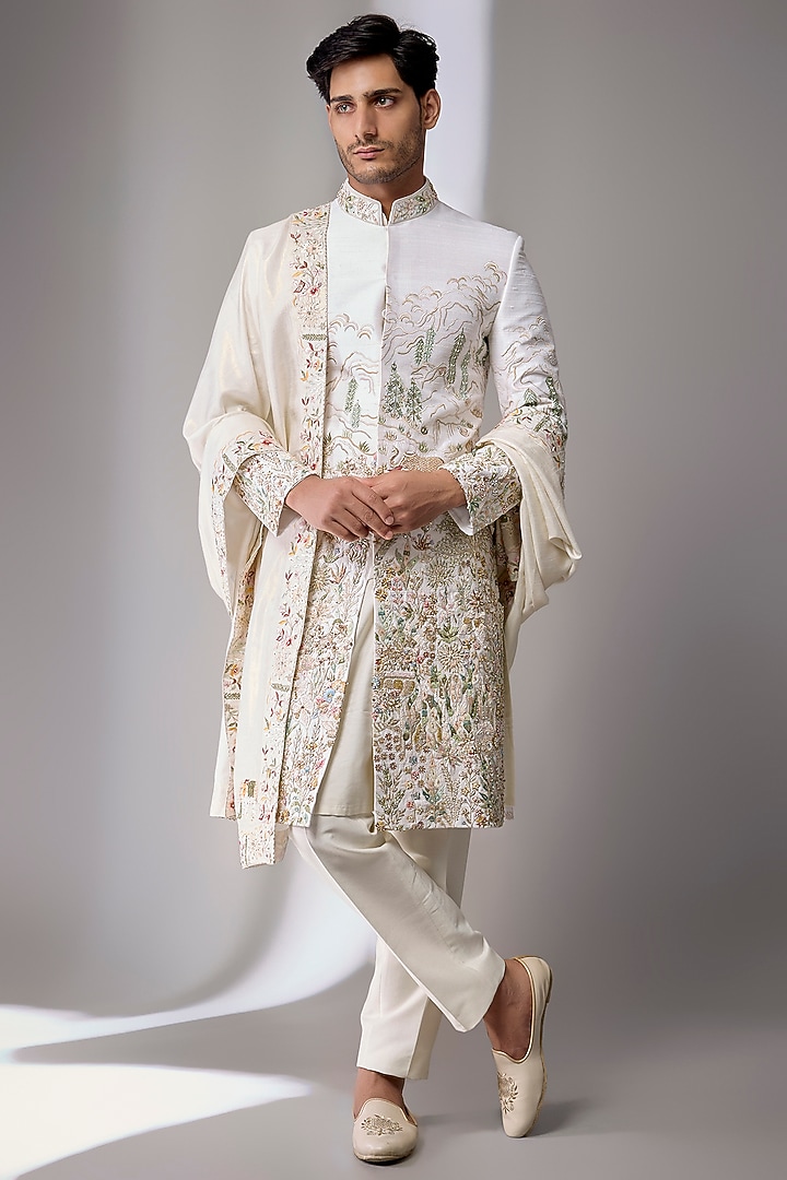 Ivory Silk Groom Sherwani Set by Jayesh and Kaajal Shah Men at Pernia's Pop Up Shop