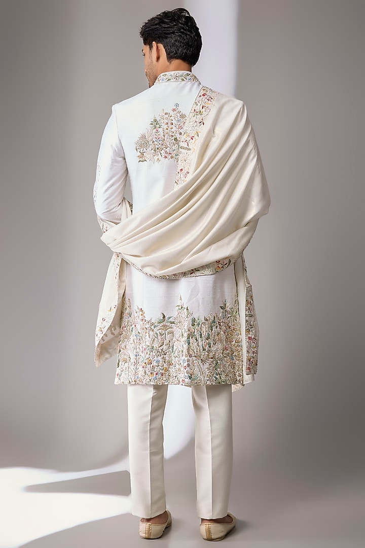 Ivory Silk Groom Sherwani Set by Jayesh and Kaajal Shah Men at Pernia's Pop Up Shop