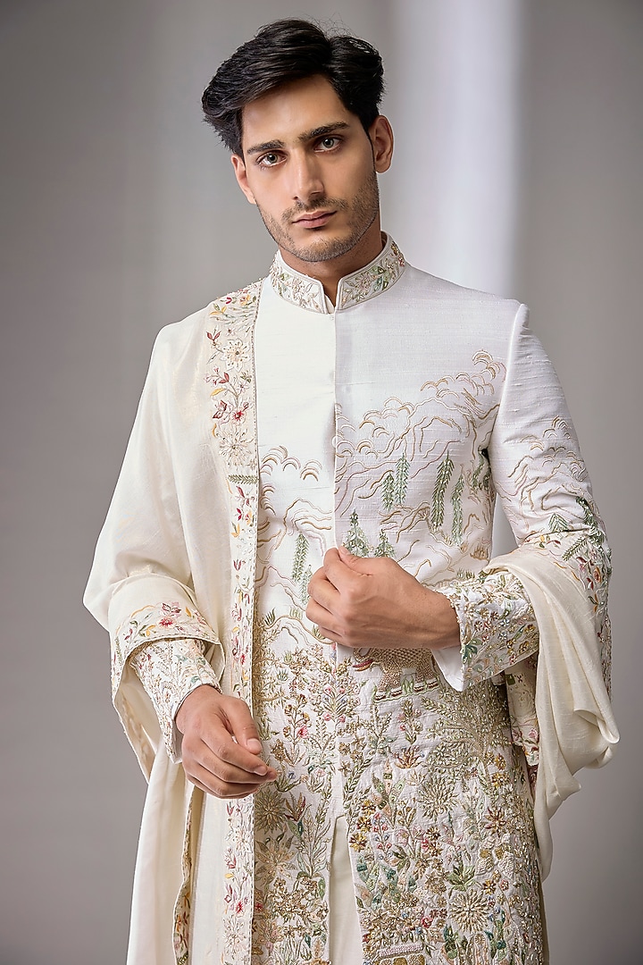 Ivory Silk Groom Sherwani Set by Jayesh and Kaajal Shah Men at Pernia's Pop Up Shop